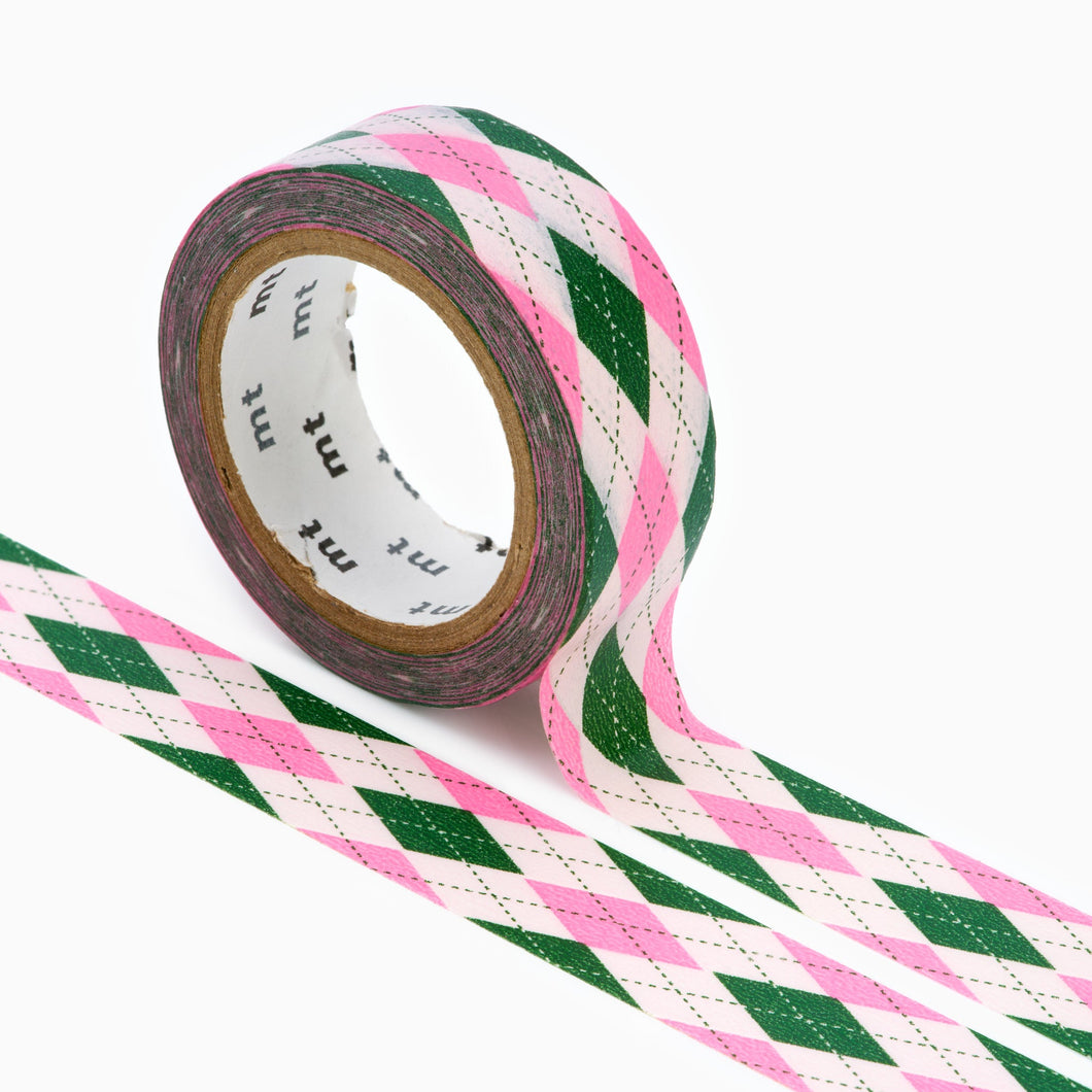 MT washi masking tape pink green and white argyle pattern 