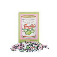 Puzzle with Perello olive can design packaging on a white background