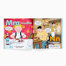 Load image into Gallery viewer, Illustrated inside pages from Oor Wullie’s ABCs in Scots children’s book
