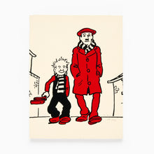 Load image into Gallery viewer, Oor Wullie and his Da going to the football limited edition screen print by John Reynolds in red and black
