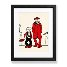 Load image into Gallery viewer, Oor Wullie and his Da going to the football limited edition screen print by John Reynolds in red and black with black frame and white mount
