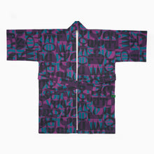 Load image into Gallery viewer, organic cotton kimono-style rob for men and women in colourful abstract purple and blue geometric pattern.
