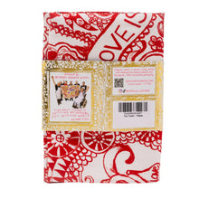 Load image into Gallery viewer, close up shot of the back of the packaging which shows product information for the Arthouse Unlimited tea towel Love is in the Air 
