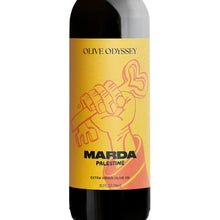 Load image into Gallery viewer, Bottle of Olive Odyssey Marda Palestine extra virgin olive oil with a yellow label on a white background 750ml bottle close up detail shot
