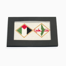 Load image into Gallery viewer, Embroidered design with geometric shapes and text on a white background
