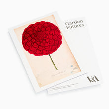 Load image into Gallery viewer, A postcard featuring a colored aquatint illustration of a red Dahlia flower from the nineteenth century, with the title 'Garden Futures' at the top.
