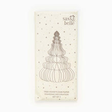 Load image into Gallery viewer, Red honeycomb Christmas tree decorations folded flat in reusable paper packaging
