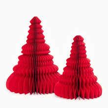 Load image into Gallery viewer, Set of two red honeycomb paper Christmas tree decorations in large and small sizes
