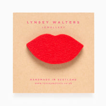 Load image into Gallery viewer, Red lips felt brooch handmade by Scottish jewellery designer Lynsey Walters

