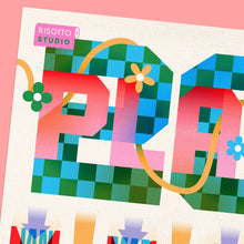 Load image into Gallery viewer, Close-up of the colourful 2027 PLAYTIME design on the Risotto wall calendar
