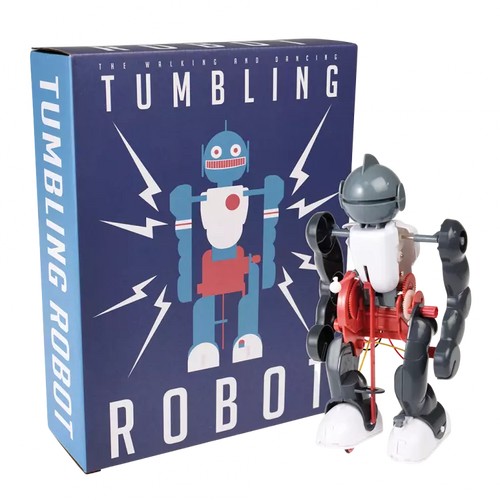 Tumbling robot toy with blue box featuring robot illustration