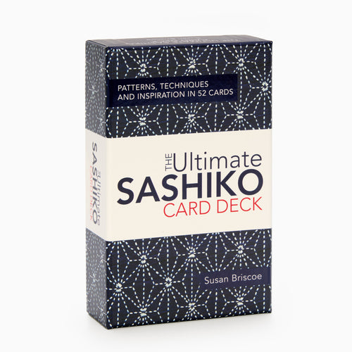 A boxed set of 'Ultimate Sashiko Card Deck' by Susan Briscoe, featuring a patterned design in black and white on the packaging.