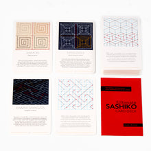 Load image into Gallery viewer, 5 sashiko cards laid out and the instruction manual for The Ultimate Sashiko Card Deck
