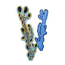 Load image into Gallery viewer, Sea themed seaweed illustration on leather bookmark by Ark Colour Design in cornflower blue with metallic decorative details 
