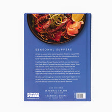 Load image into Gallery viewer, Book cover of &#39;Seasonal Suppers&#39; with a blue background and food image.
