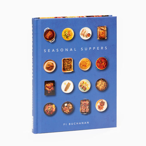 Cookbook titled 'Seasonal Suppers' by Fi Buchanan with images of food on a blue background