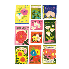 Load image into Gallery viewer, Close-up of Seeds illustrated jigsaw puzzle showing vibrant vintage-style seed packet designs in a 1000 piece format.
