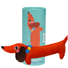 Load image into Gallery viewer, Sew Your Own Sausage Dog felt craft kit with finished toy and illustrated tube
