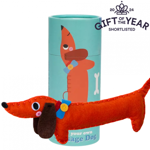 Felt dachshund sew your own kit for kids with a teal cylindrical packaging featuring a dog illustration, on a white background.