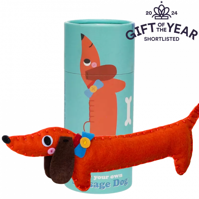 Felt dachshund sew your own kit for kids with a teal cylindrical packaging featuring a dog illustration, on a white background.