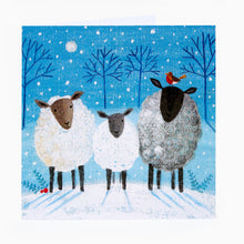 Load image into Gallery viewer, Christmas Bleatings sheep Christmas card by Jo Cave featuring three woolly sheep and a robin in snow
