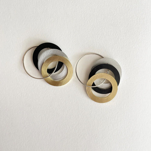 Pair of earrings with interlocking circular design on a white background