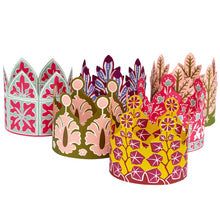 Load image into Gallery viewer, Set of six festive paper coronets by Cambridge Imprint in colourful patterned designs

