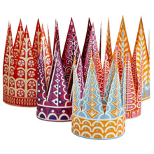 Load image into Gallery viewer, Set of six patterned paper crowns by Cambridge Imprint in colourful festive designs
