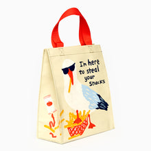 Load image into Gallery viewer, Small reusable tote bag ideal for lunch by Blue Q with image of a funny seagull wearing sunglasses stealing chips. 
