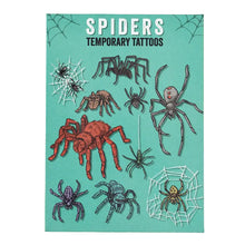 Load image into Gallery viewer, Colourful sheet of spider temporary tattoos for children.
