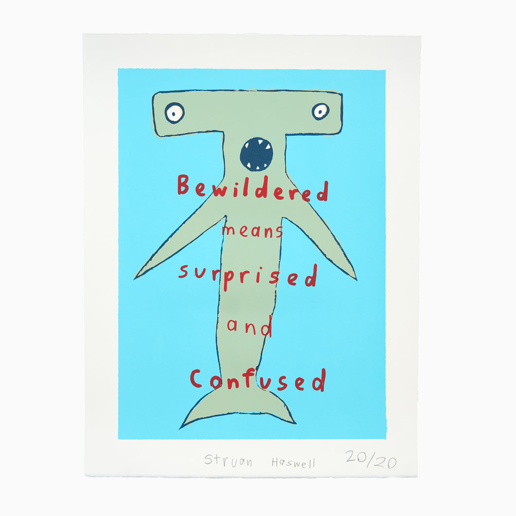 A screen print of a hammerhead shark with the text 'Bewildered means surprised and Confused' by Struan.
