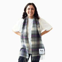 Load image into Gallery viewer, Tartan scarf wool pink grey black white on model
