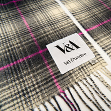 Load image into Gallery viewer, Tartan scarf wool pink grey black white close up detail
