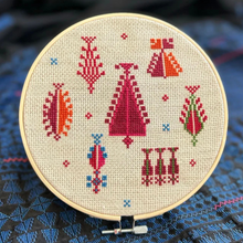 Load image into Gallery viewer, Embroidery hoop with tatreez embroidery pattern of Palestinian trees
