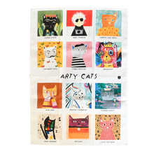 Load image into Gallery viewer, Cat themed tea towel with 12 colourful illustrated cats, text on the towel reads Arty Cats


