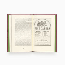 Load image into Gallery viewer, food culture book open pages of book showing a vintage advertisement for 'Fine Capers' on a white background
