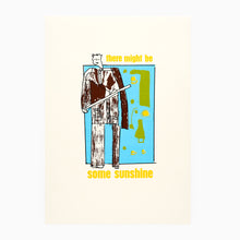 Load image into Gallery viewer, The Weather Man screen print by Robbie Burns showing a character checking the weather beside a yellow door

