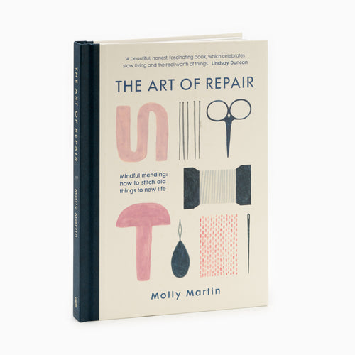 The cover of the book 'The Art of Repair' by Molly Martin, featuring illustrations of various repair tools like scissors, needles, and thread.