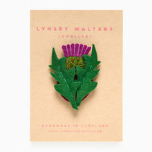 Load image into Gallery viewer, Thistle felt brooch by Scottish jewellery designer Lynsey Walters handmade in Scotland
