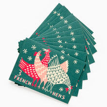 Load image into Gallery viewer, Pack of 10 Three French Hens Christmas cards by Cambridge Imprint with colourful festive hen design
