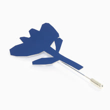 Load image into Gallery viewer, Tom Pigeon Flax Bloom cobalt blue aluminium brooch with silver plated stick pin

