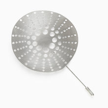 Load image into Gallery viewer, Tom Pigeon Flax Cell brooch in aluminium with geometric circular design
