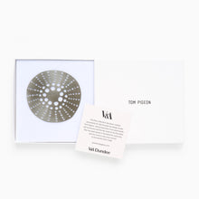 Load image into Gallery viewer, Tom Pigeon Flax Cell aluminium brooch displayed with white gift box packaging

