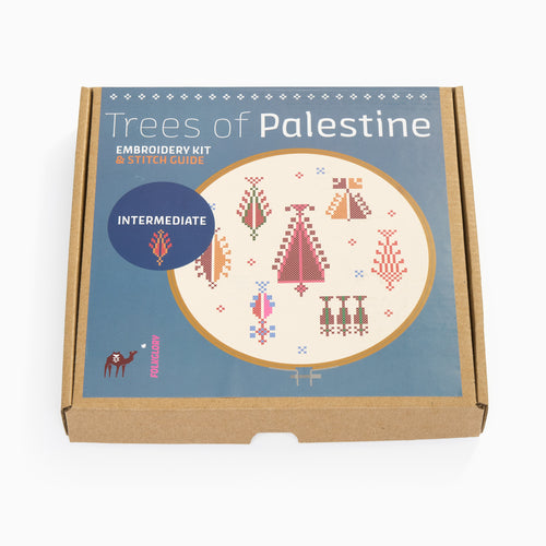 Palestinian Tatreez Embroidery kit packaging with 'Trees of Palestine' design on a blue background