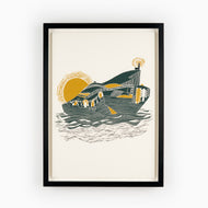 Framed A3 print featuring an artistic interpretation of the V&A Dundee building on textured watercolour paper, with a predominantly beige, black, and white color scheme.