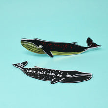 Load image into Gallery viewer, grey leather whale bookmark with stars and the words &#39;come sail with me&#39;
