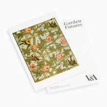 Load image into Gallery viewer, Postcard featuring William Morris’s Trellis wallpaper design with birds and foliage
