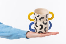 Load image into Gallery viewer, Double handled mugs contemporary yellow blue black and white
