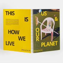 Load image into Gallery viewer, Interior pages of Us &amp; Our Planet IKEA book showing bold yellow design and content about sustainability and climate action.
