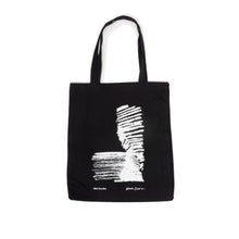Load image into Gallery viewer, Black cotton tote bag featuring architect Kengo Kuma’s original sketch of the V&amp;A Dundee building.

